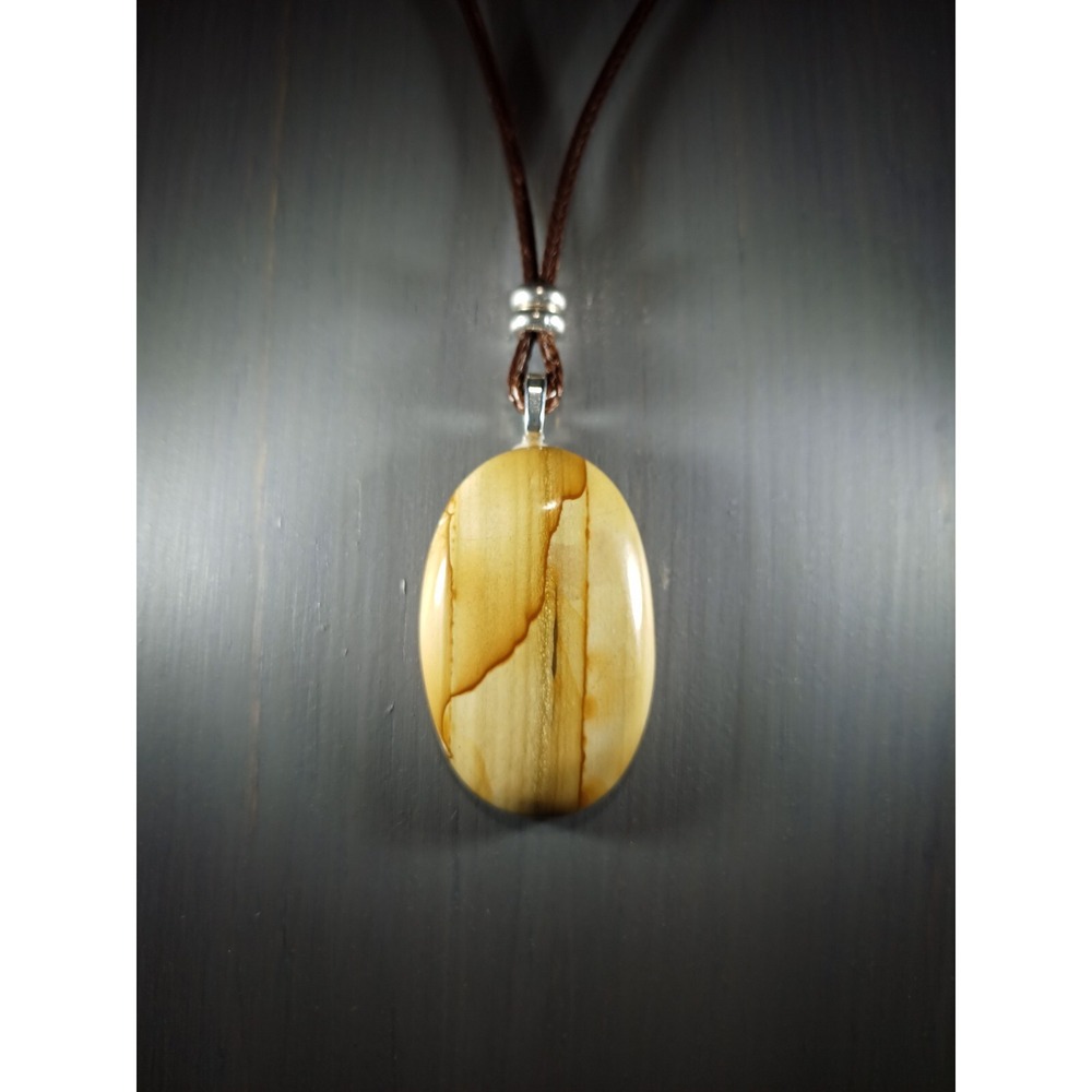 Picture Jasper Oval Pendant Necklace Brown Waxed Cord 18in Boho Earthy Jewelry